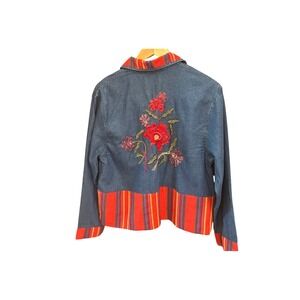 Vintage Tantrum Blues Denim Jacket Southwestern Woven Trim Boho Festival Small